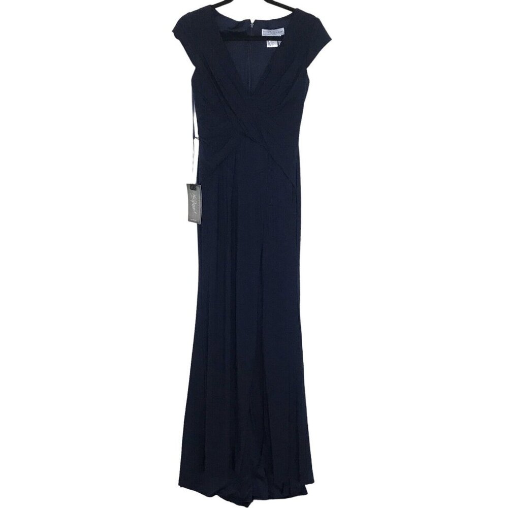 IEENA Mac Duggal Womens Dress Size 2 Navy‎ Blue Elegant V Neck Front Side Slit